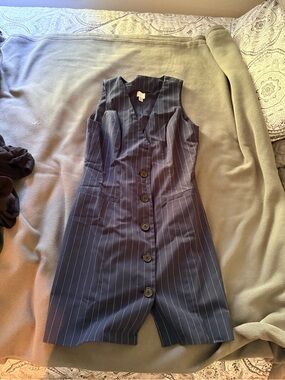 Navy Pinstripe Button-Front Sleeveless Dress